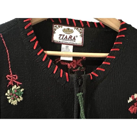 Tiara Int. Women ugly Christmas kitty cat Sweater Black Full Zip VTG sz M - Picture 8 of 16